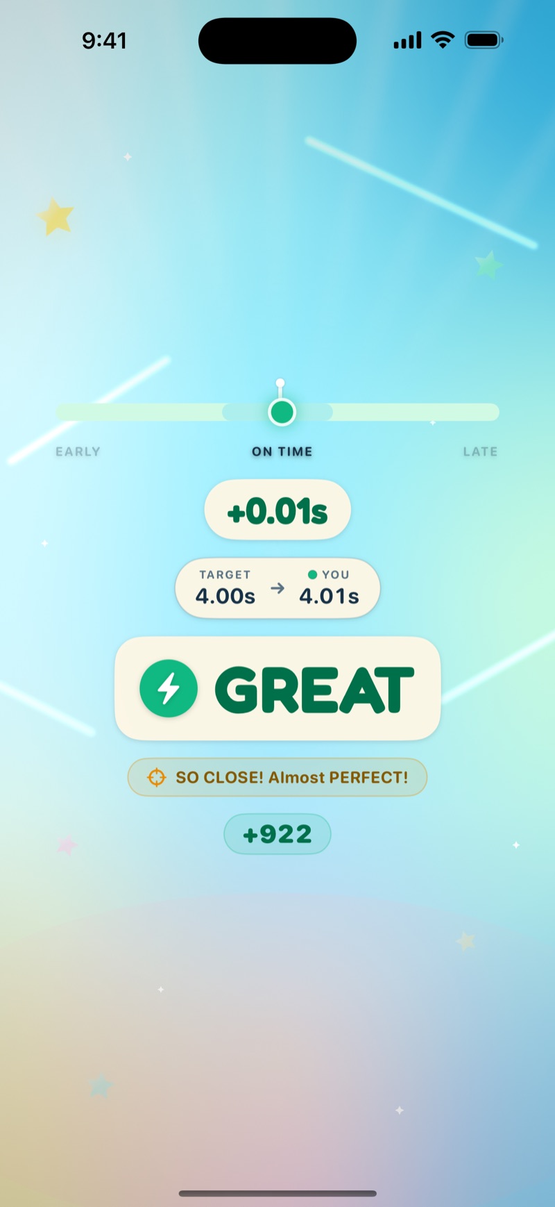 Stop the Timer result screen showing GOOD plus 474 points after stopping 0.09 seconds early
