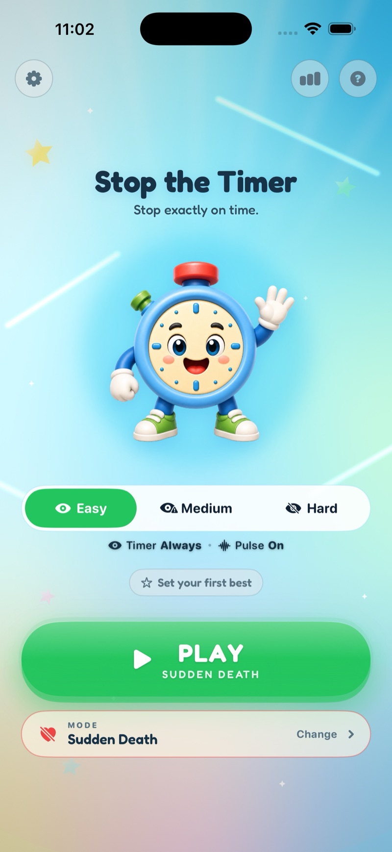 Stop the Timer home screen with the stopwatch mascot, difficulty selector, and Play button