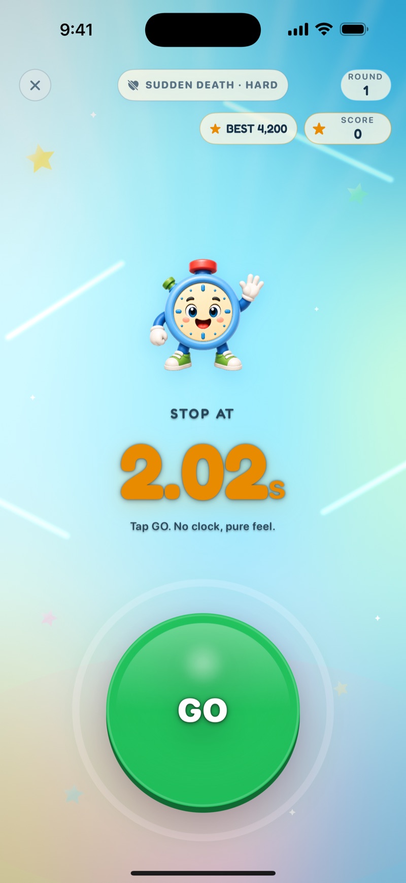 Stop the Timer easy round with a visible timer target and large GO button
